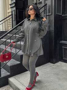 Calvaya Plus Size Women's Pearl Button Casual, Cute, Simple, Artistic, Refined, Versatile, Elegant, Personalized Long Sleeve Shirt And Skirt Set, Fashionable For Daily Commute, Spring/Autumn