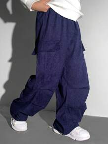 青少年男孩休闲日常口袋装饰抽绳腰部宽松纯色裤子 - 寶藍色 - 查看 1