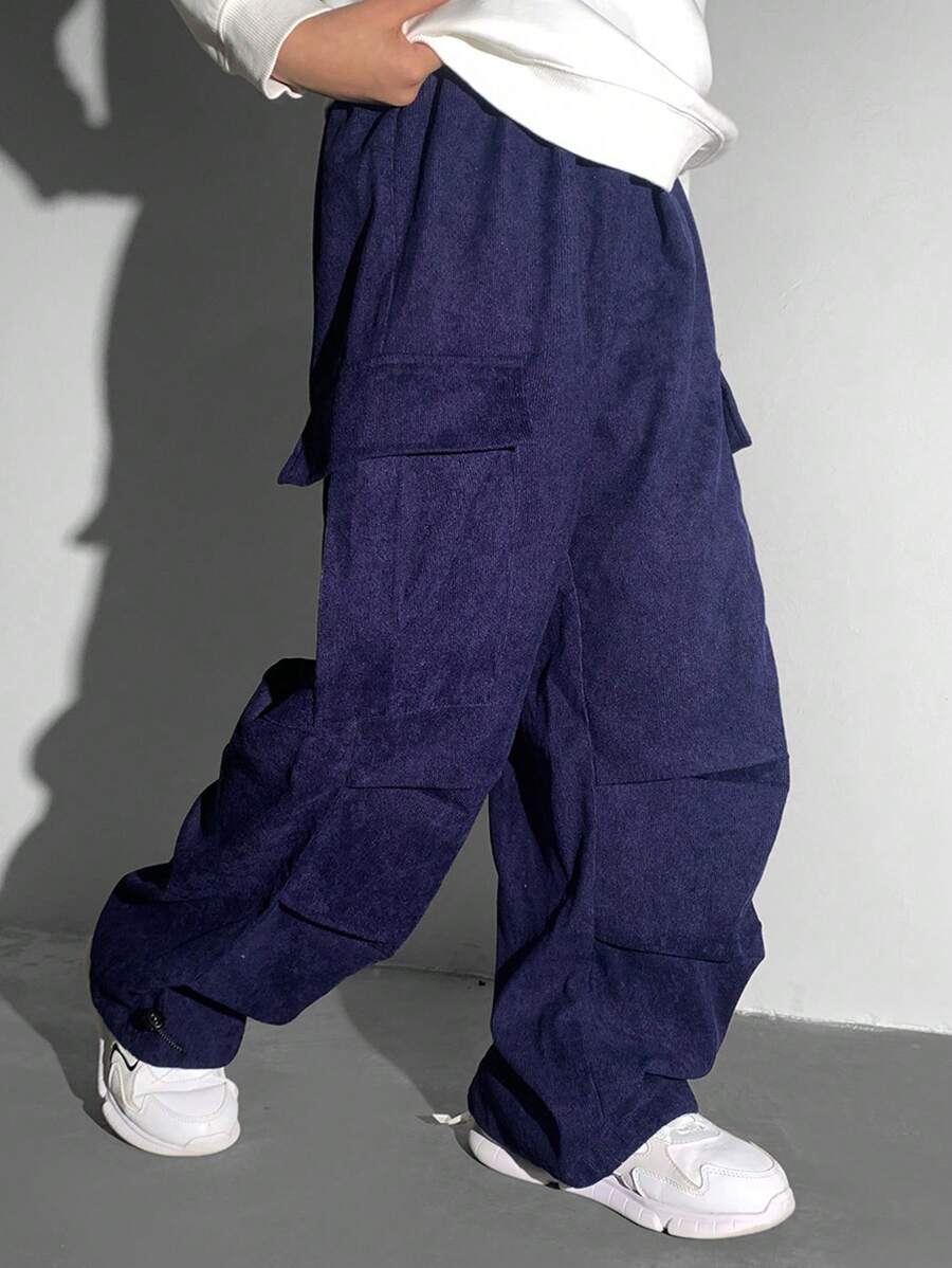 青少年男孩休闲日常口袋装饰抽绳腰部宽松纯色裤子 - 寶藍色 - 查看 1