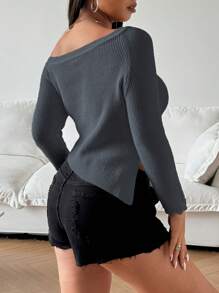 Calvaya Plus Size Women Solid Color Raglan Sleeve Long Sleeve Asymmetric Hem Pullover Sweater, Autumn/Winter Knit Pullover Fall - Dark Grey - View 2