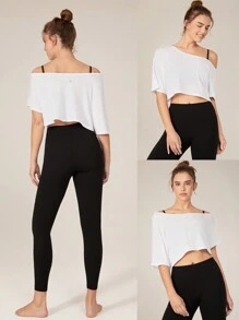 GLOWMODE 摩達爾離肩短款T恤，適用於瑜伽工作室及日常穿著