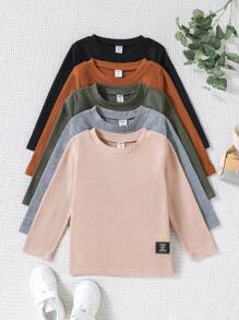 SHEIN Camisetas de manga larga para niñas pequeñas, de unicolor, en múltiples paquetes, con cuello redondo y detalles de estampado en inglés, aptas para uso casual diario