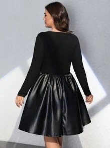 Flirla Plus Size PU Leather Patchwork Ribbed Long Sleeve Dress - Black - View 2