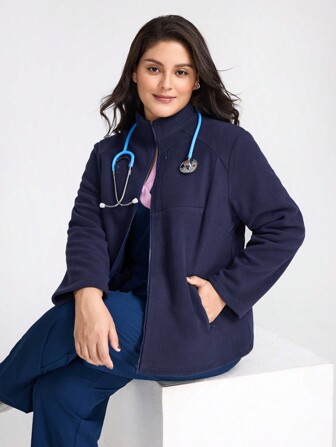 TaskEZ Plus Size Solid Stand Collar Multi-Pocket Scrub Uniform Jas