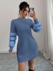 Elenzga Váy len ngắn tay dài cổ đứng trễ vai màu trơn cho nữ mùa thu/đông - Màu xanh bụi bặm - Xem 1