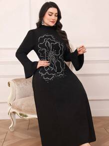 Modelyn Plus Size Women's Elegant Arabic Rhinestone Floral Print Stand Collar Flare Sleeve Dress Long Evening Dresses - Black - View 1