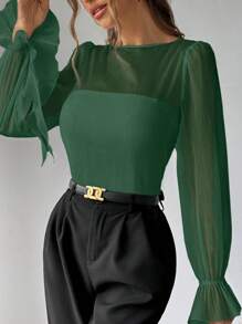 Firerie 女士白色荷叶边长袖透明衬衫 - 墨綠色 - 查看 6