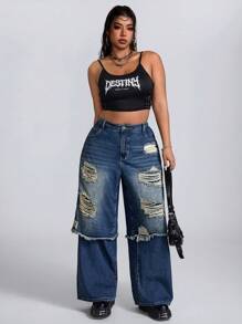 SHEIN ICON Blugi de mărime mare, neelastici, spălați, largi - Spălare întunecată - Vizualizare 5