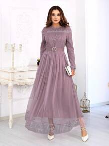 EURMUSE Women's Embroidered Patchwork Lace Mesh Dress - Pink - View 1