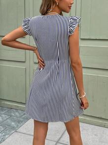 SHEIN Frenchy Striped Print Button Front Butterfly Sleeve Short Summer Dress Casual - Blue and White - View 2