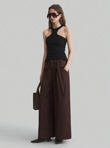 Ontre Pantalon vintage style urbain à jambes larges, taille haute avec ceinture et design de poches à rabat, marron, printemps/été pour femmes