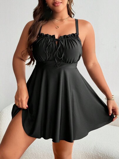 Swim Lushoire Plus Size Women Black Tie Front Ruffle Swim Dress Summer