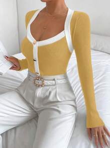 SHEIN Unity Casual Commuter Colorblock Trim Slim Fit Sweater, Autumn Knit Pullover Fall Winter - Yellow - View 5