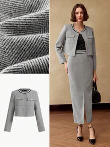 MOTF PREMIUM FAUX PEARL AND SEQUIN TAPE DETAIL FLAP POCKET JACKET - Grey - View 9