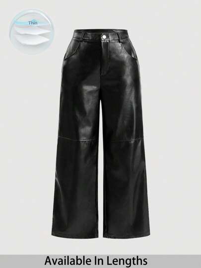 SHEIN PETITE CURVE Plus Size Svart Solid Design Sidoficka Splicing Raka Ben Läderbyxor