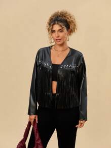 SHEIN VCAY Plus Size Women Pu Leather Long Sleeve Patchwork Tassel Fashion Jacket, Autumn