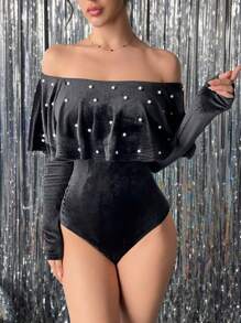 Chiquease 优雅荷叶边荷叶边饰珍珠装饰女式紧身衣