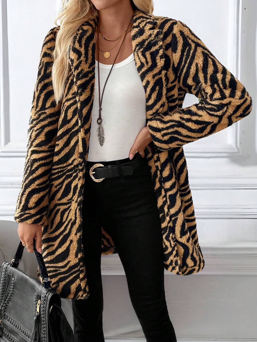 EMERY ROSE 女士休闲斑马纹毛绒夹克，秋冬 - 彩色 - 查看 1