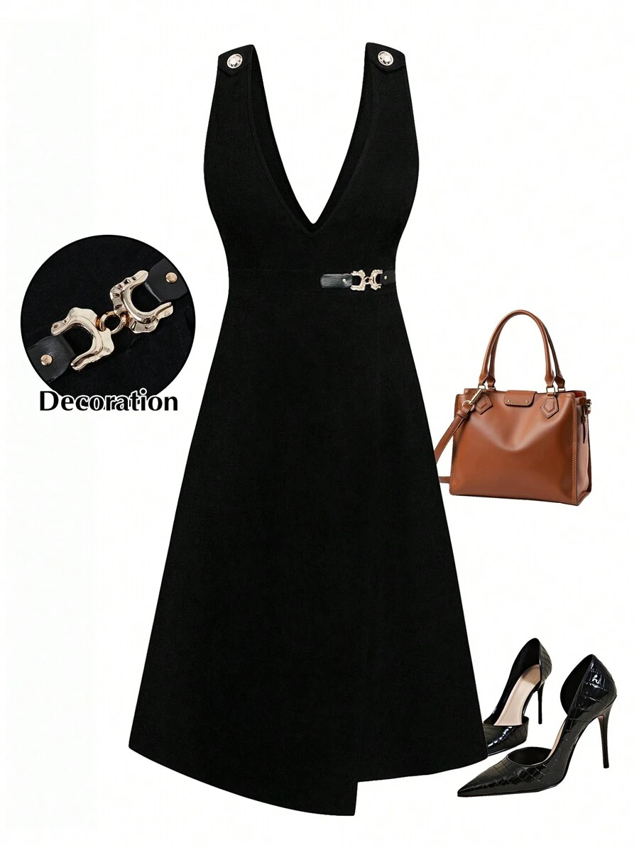 SHEIN Clasi 大码女式纯色无袖简约休闲毛衣连衣裙长款女装 - 黑色 - 查看 1