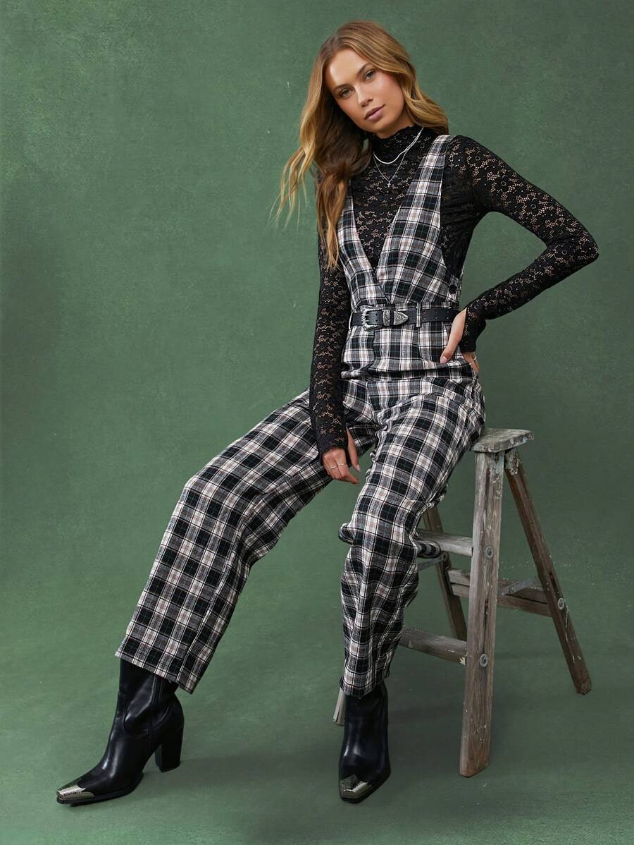 WESTFADE Western Plaid Sleeveless V Neck Overalls Jumpsuit - Nashville Outfits - Multicolor - View 1
