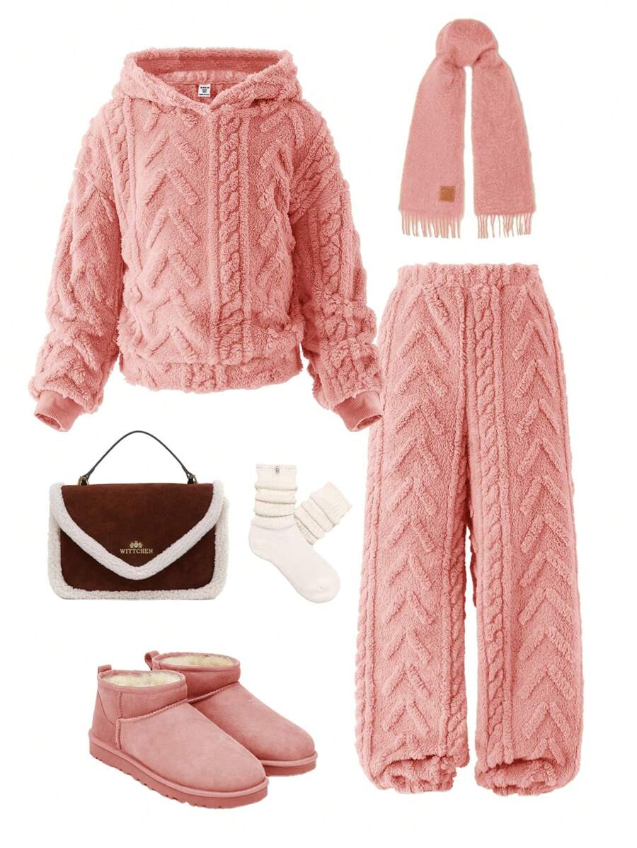 SHEIN Tween Girl 2pcs/Set Warm Double-Sided Textured Fleece Loose Fit Casual Pullover Hoodie And Sweatpants Set - Baby Pink - View 1