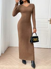 Modelyn Women's V-Neck Solid Color Long Sleeve Long Casual Sweater Dress, Autumn/Winter