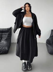 Flirla Plus Size Casual Sports Solid Color School Uniform Style Jacket And Mini Skirt 2 Pieces Set - Black - View 3