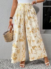 SHEIN VCAY Pantalones de mujer de talla grande con estampado metálico para citas románticas del Día de San Valentín con motivos de abrazos, besos, sonrisas y mariposas. Ropa de primavera y de resort para mujer.