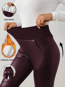 SHEIN Essnce 女式皮革裤、皮革紧身裤、羊毛紧身裤、勃艮第皮裤、保暖内衬紧身裤、冬季女式高腰修身仿皮裤、闪亮马镫加厚紧身裤、裤子、冬装、女式裤子