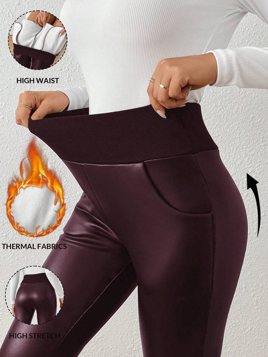 SHEIN Essnce 女式皮革裤、皮革紧身裤、羊毛紧身裤、勃艮第皮裤、保暖内衬紧身裤、冬季女式高腰修身仿皮裤、闪亮马镫加厚紧身裤、裤子、冬装、女式裤子