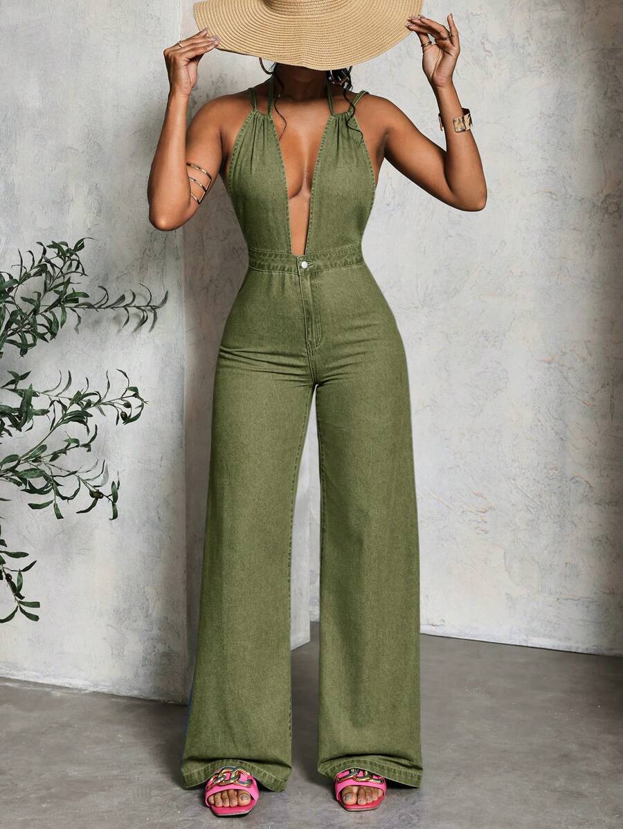 Slaydiva Women's Front Button Detachable Strap Back Tie Casual Denim Bib Pants - Army Green - View 1