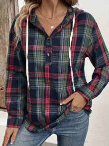 Women's Casual Drawstring Hooded Checkered Top - Red - View 1