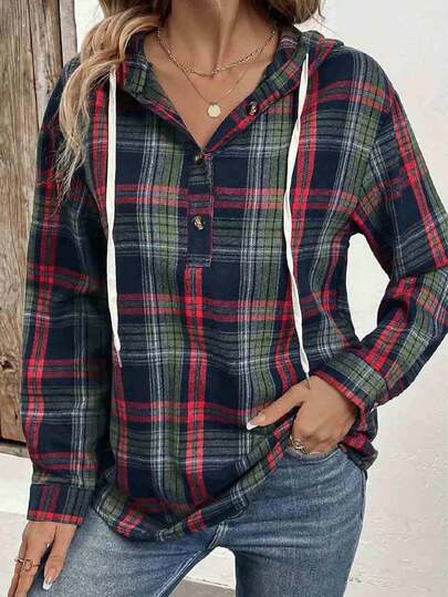 Women's Casual Drawstring Hooded Checkered Top