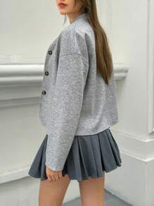 INAWLY Women's Solid Color Drop Shoulder Long Sleeve Single-Breasted Loose Casual Jacket, Autumn - Light Grey - View 4