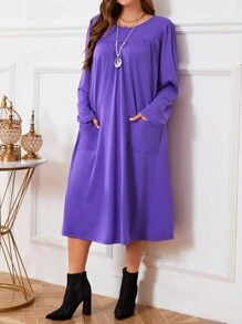 EMERY ROSE Plus Size Women's Solid Color Round Neck Long Sleeve Ruffle Pocket Casual Dress, Winter Clothes For Women - Purple - View 5