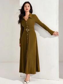 Heiryn Dames effen kleur voorkant knopen lange mouwen casual lange jurk
