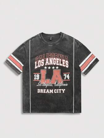 Street Life Maglietta casual da uomo con stampa di lettere, stile minimalista, collo rotondo, maniche corte, in tinta unita e pannelli in contrasto