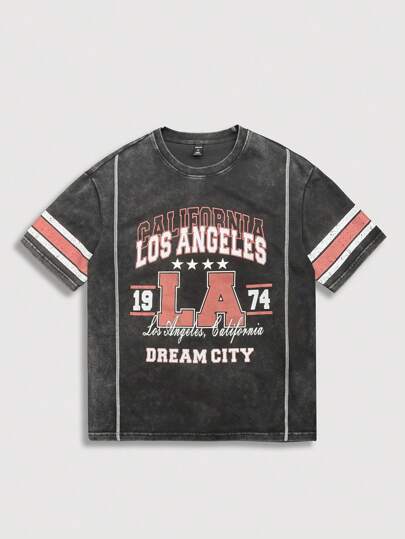 Street Life Top décontracté minimaliste pour hommes avec imprimé lettre, col rond, manches courtes, en patchwork unicolore