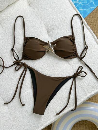 Casual Holiday Solid Color Spaghetti Strap Chest Stars Decor Women's Summer Bikini Swimwear Set