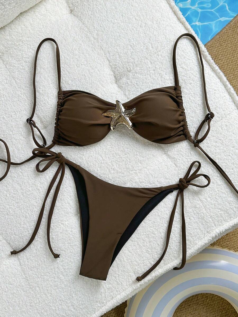 Casual Holiday Solid Color Spaghetti Strap Chest Stars Decor Women's Summer Bikini Swimwear Set