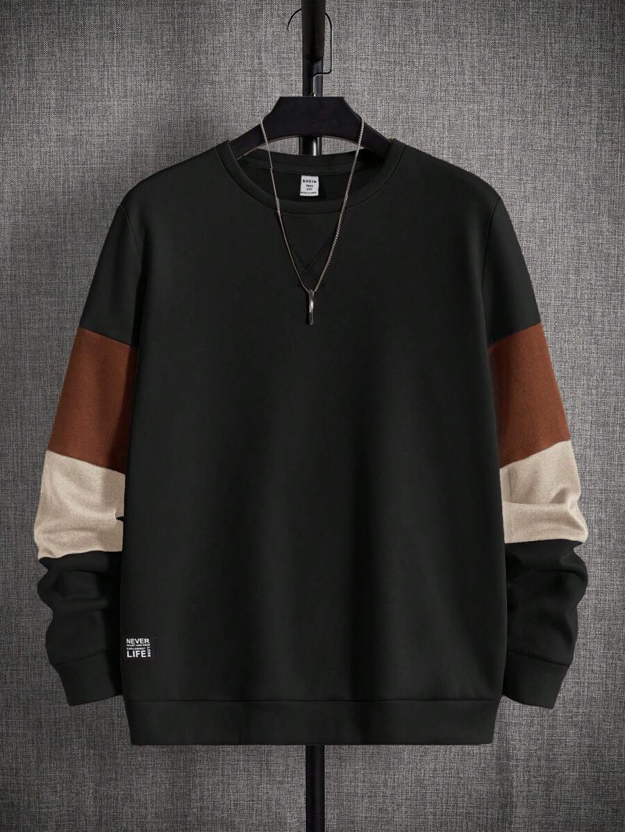 SHEIN Leap Crew Casual Round Neck Long Sleeve Contrast Color Block Sweatshirt For Teen Boys, Loose Fit, Suitable For Spring, Summer, Autumn, Winter, Home, School