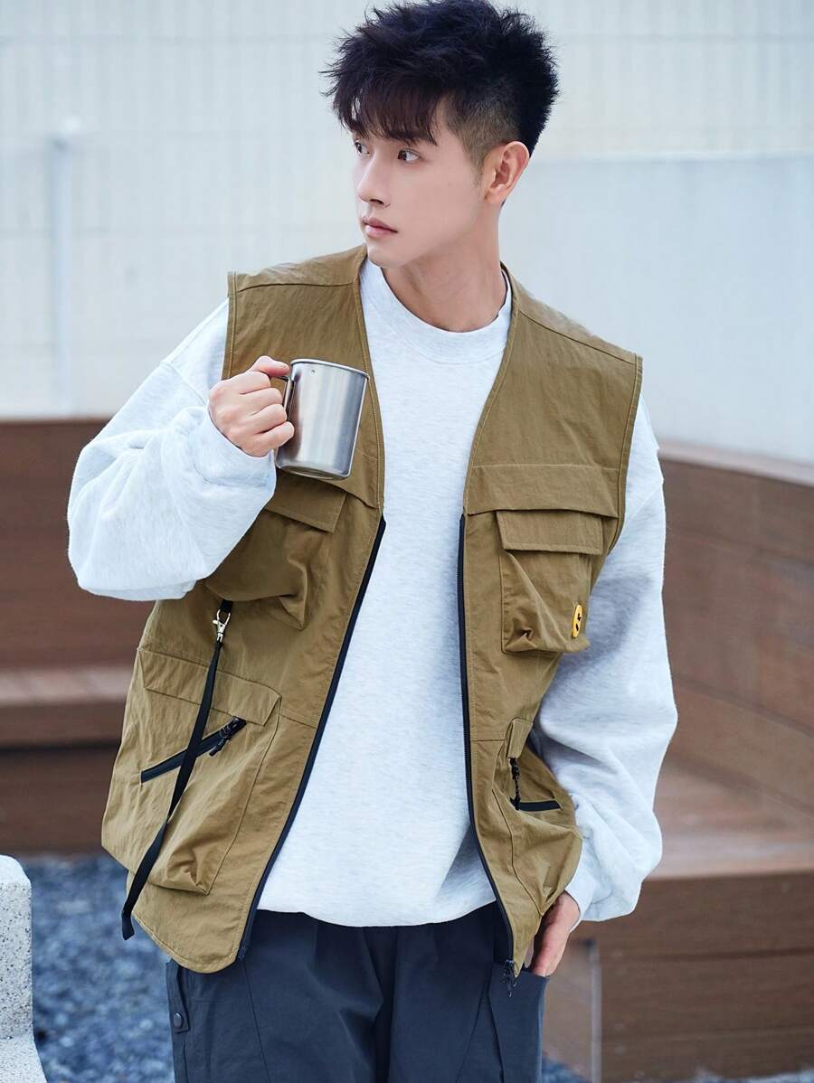 DAZY Áo nam màu trơn phối nhiều lớp, khóa kéo phía trước, có túi, kiểu dáng thường ngày, thích hợp cho mùa thu. - Màu Khaki - Xem 1
