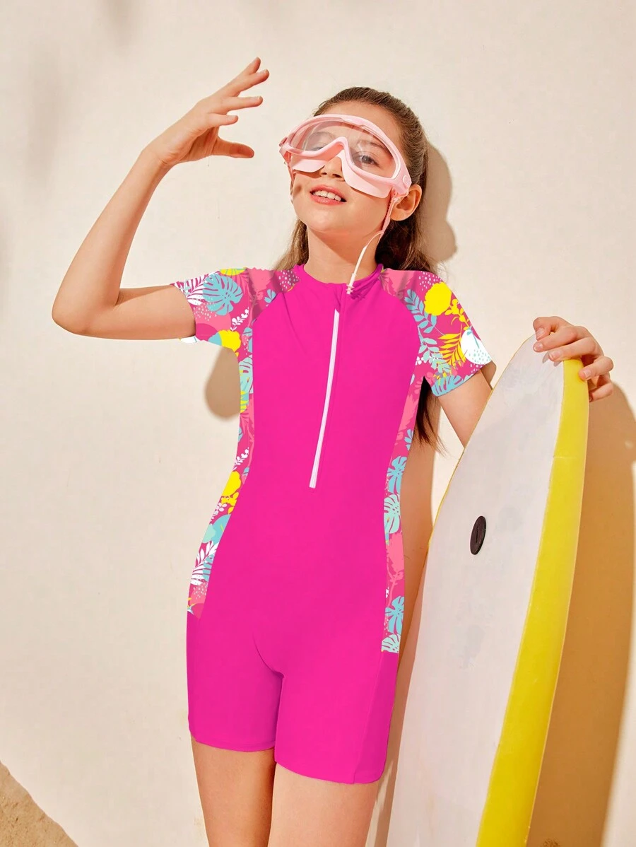 SHEIN Tween Girls' Tropical Plant Print Shoulder Zipper Half Placket Casual One-Piece Swimsuit With Shorts Summer Holiday - Hot Pink - View 1