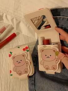 Bear Print Cosmetic Pouch Mirror Included Travel Organizer Lipstick Storage Case Velvet Lining Compact Carry On The Go Essential Zipper Closure Gift Idea