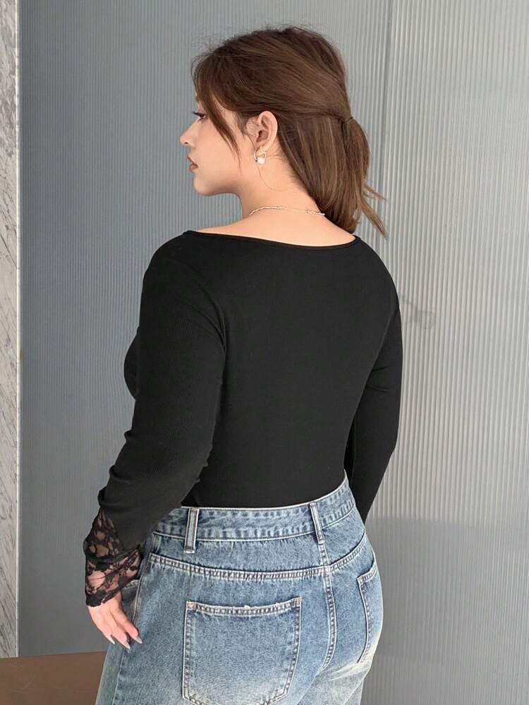 Dazy Petite Plus Plus Size Black Lace Patchwork Oblique Shoulder Exposing Asymmetric Neck Fitted Long Sleeve T-Shirt, Spring/Summer