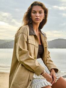 Aralina Women Barn Button-Up Contrast Collar Utility Shacket - Brown - View 1