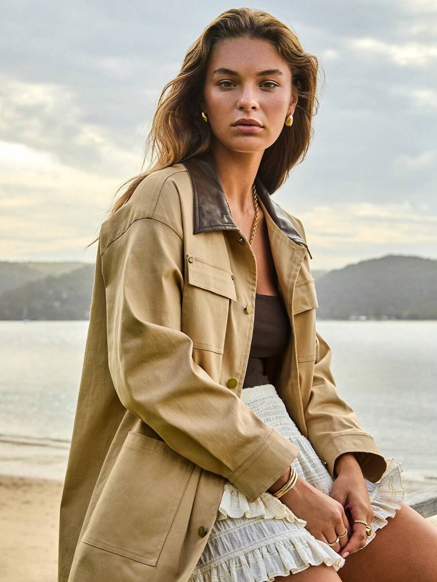 Aralina Women Barn Button-Up Contrast Collar Utility Shacket - Brown - View 1