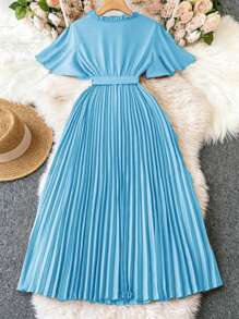 SHEIN LUNE Women's Casual Pleated Midi Dress With Ruffle Sleeve, Bowknot Waist, Vacation Style