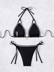 SHEIN Swim Women 2pcs Set Solid Color Ruffle Trim Halter Bikini For Summer Beach Vacation - Black - View 7