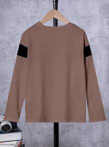 SHEIN Tween Boy Casual Sports Knit Crew Neck Colorblock T-Shirt, Autumn/Winter - Brown - View 2